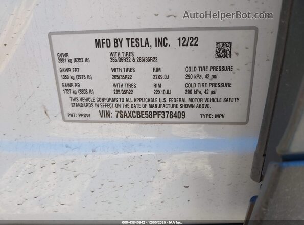 7SAXCBE58PF378409 2023 TESLA MODEL X White 