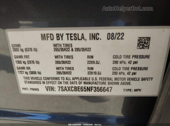 7SAXCBE65NF356647 2022 TESLA MODEL X Gray Widok komory silnika