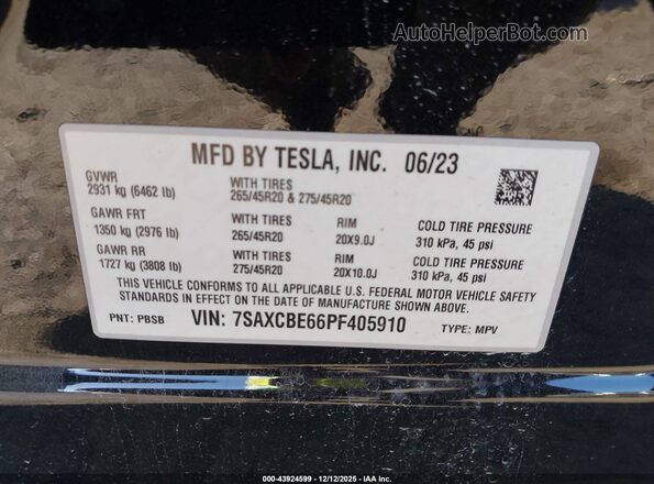 7SAXCBE66PF405910 2023 TESLA MODEL X Black Widok komory silnika