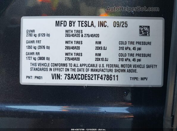 7SAXCDE52TF478611 2026 TESLA MODEL X Gray Вид підкапотного простору