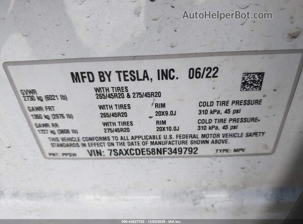 7SAXCDE58NF349792 2022 TESLA MODEL X Белый Вид подкапотного пространства