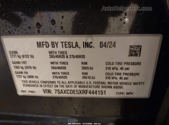 7SAXCDE5XRF444151 2024 TESLA MODEL X Black Շարժիչի բաժամունքի տեսք