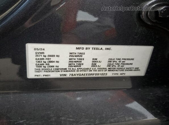 7SAYGAEE0RF091023 2024 TESLA MODEL Gray Вид наклейки з VIN-кодом