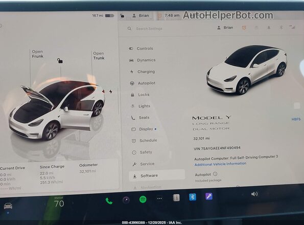 7SAYGAEE4NF490494 2022 TESLA MODEL Y Белый 