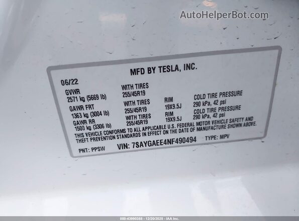 7SAYGAEE4NF490494 2022 TESLA MODEL Y Белый Вид подкапотного пространства