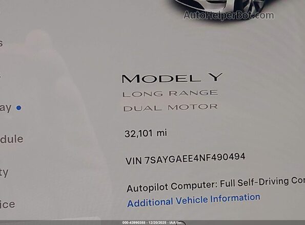7SAYGAEE4NF490494 2022 TESLA MODEL Y Белый 