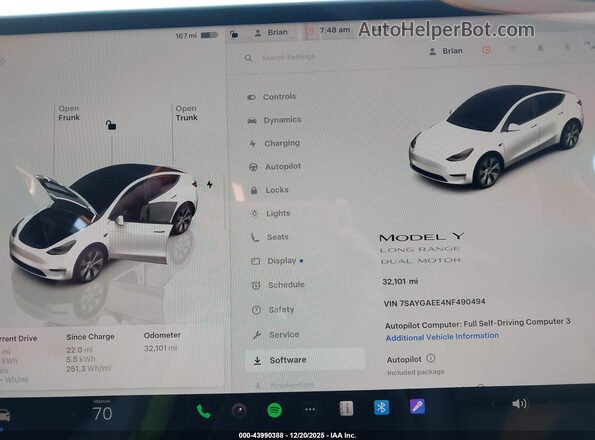 7SAYGAEE4NF490494 2022 TESLA MODEL Y Белый 