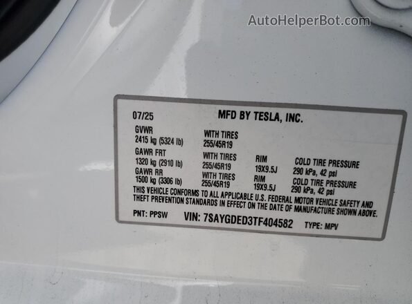 7SAYGDED3TF404582 2026 TESLA MODEL White VIN კოდის სტიკერის ხედი