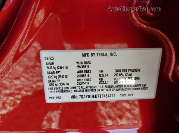 7SAYGDED7TF454711 2026 TESLA MODEL Red Vista de la etiqueta del VIN