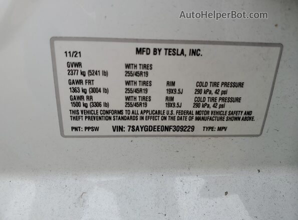 7SAYGDEE0NF309229 2022 TESLA MODEL Белый Вид наклейки с VIN-кодом
