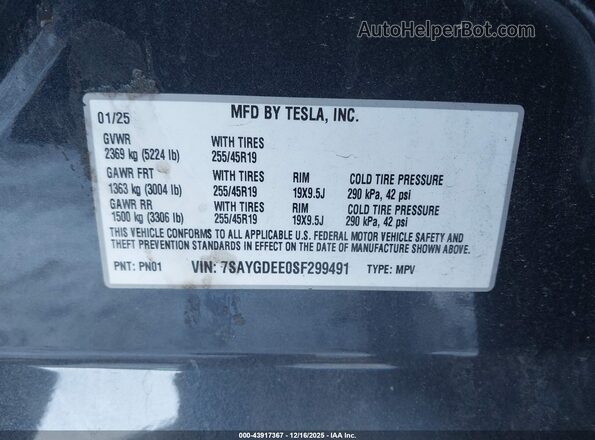 7SAYGDEE0SF299491 2025 TESLA MODEL Y Gray 