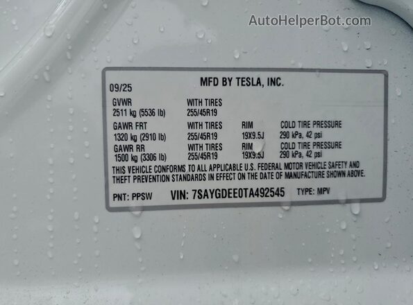 7SAYGDEE0TA492545 2026 TESLA MODEL White Вид наклейки з VIN-кодом