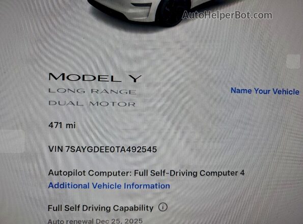 7SAYGDEE0TA492545 2026 TESLA MODEL White Вид щитка приладів