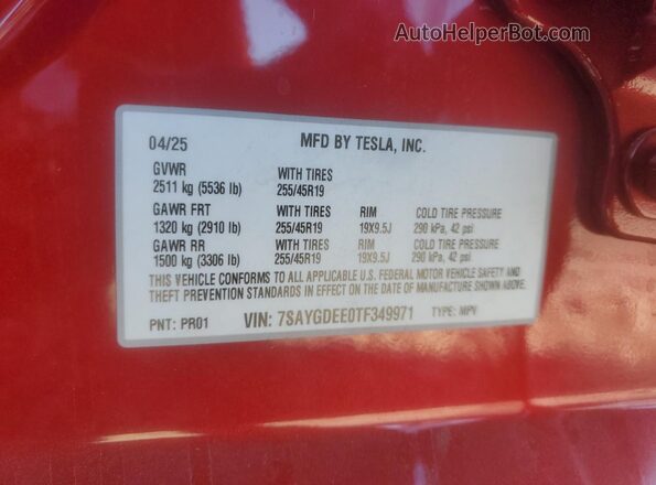 7SAYGDEE0TF349971 2026 TESLA MODEL Red Vista del compartimento del motor