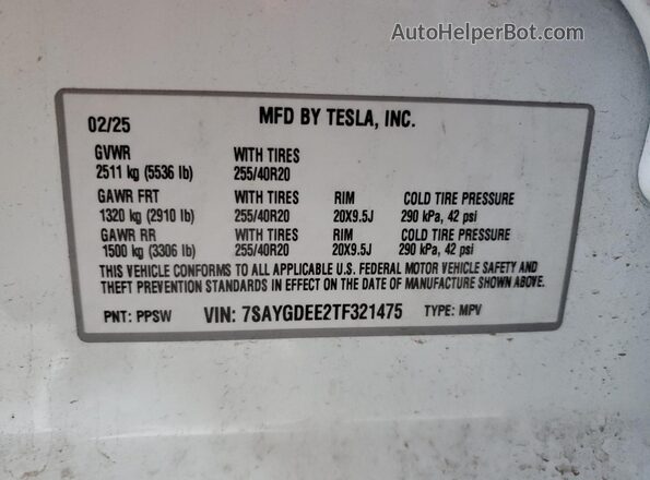 7SAYGDEE2TF321475 2026 TESLA MODEL White VIN կոդի պիտակի տեսք