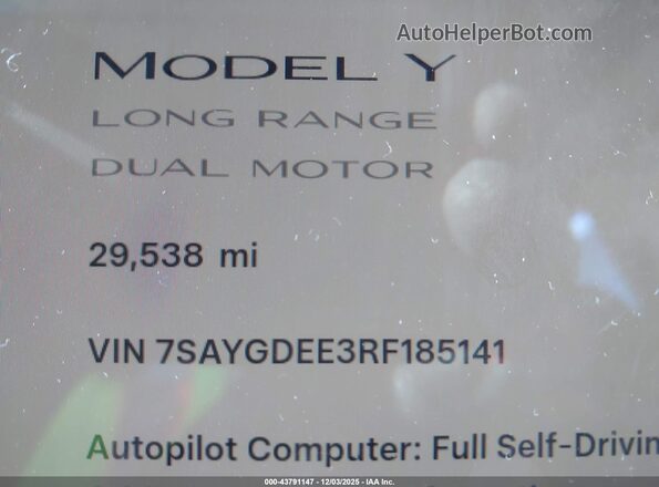 7SAYGDEE3RF185141 2024 TESLA MODEL Y Белый 
