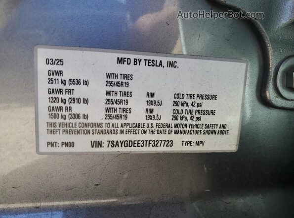 7SAYGDEE3TF327723 2026 TESLA MODEL Gray VIN კოდის სტიკერის ხედი