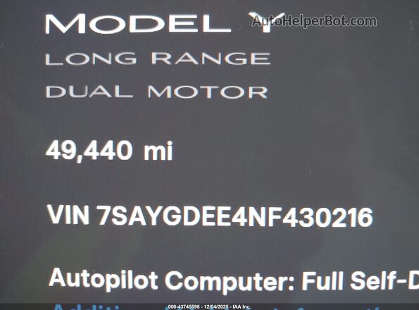 7SAYGDEE4NF430216 2022 TESLA MODEL Y Gray 