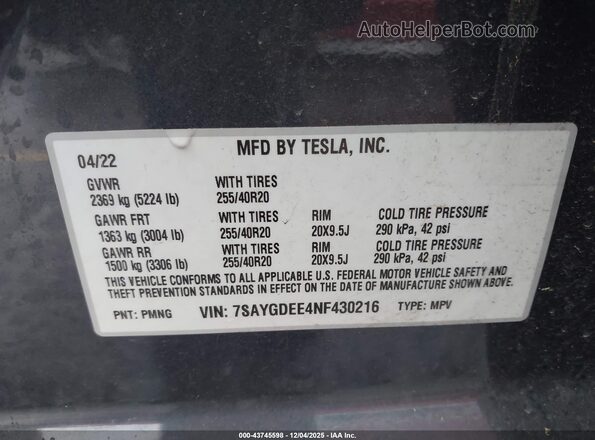 7SAYGDEE4NF430216 2022 TESLA MODEL Y Gray Вид підкапотного простору