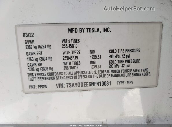 7SAYGDEE6NF410081 2022 TESLA MODEL Y Белый Вид подкапотного пространства