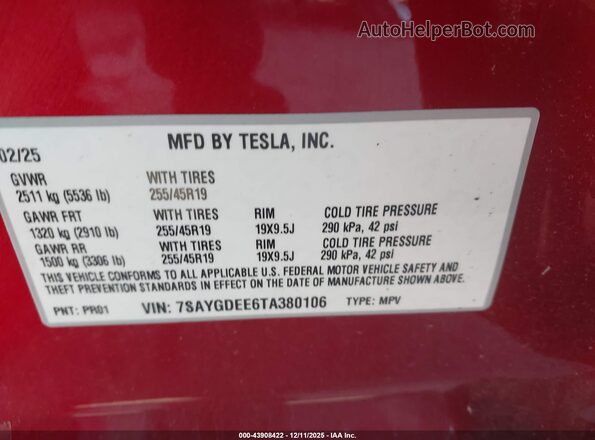 7SAYGDEE6TA380106 2026 TESLA MODEL Y Red VIN կոդի պիտակի տեսք
