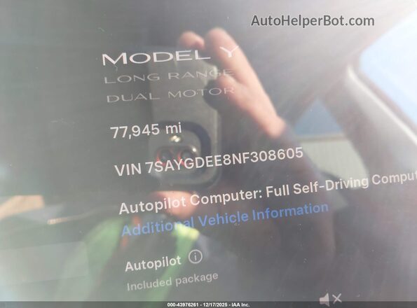 7SAYGDEE8NF308605 2022 TESLA MODEL Y Серый 