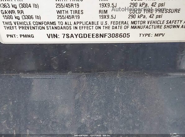 7SAYGDEE8NF308605 2022 TESLA MODEL Y Серый 