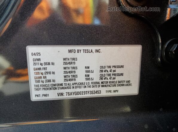 7SAYGDEE9TF353453 2026 TESLA MODEL Gray Widok naklejki z numerem VIN