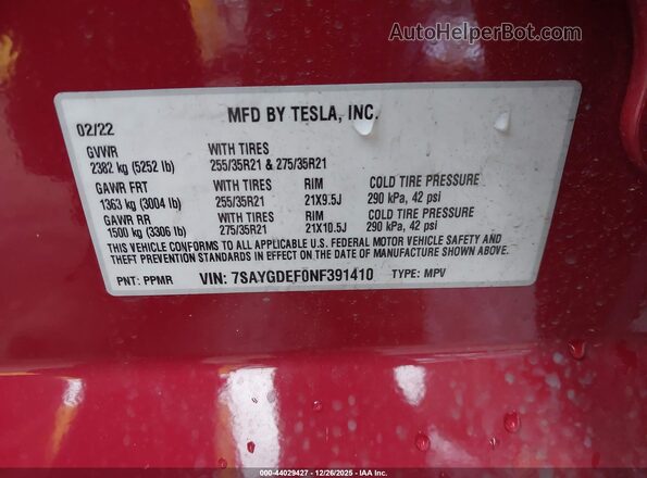 7SAYGDEF0NF391410 2022 TESLA MODEL Y Red Շարժիչի բաժամունքի տեսք