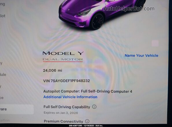 7SAYGDEF1PF948232 2023 TESLA MODEL Y Purple Հետևի նստատեղերի տեսք