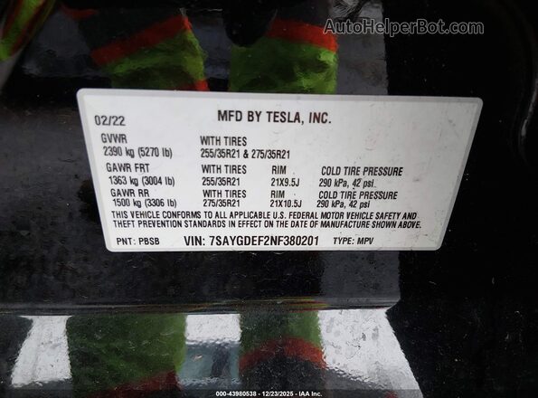 7SAYGDEF2NF380201 2022 TESLA MODEL Y Black Engine compartment view