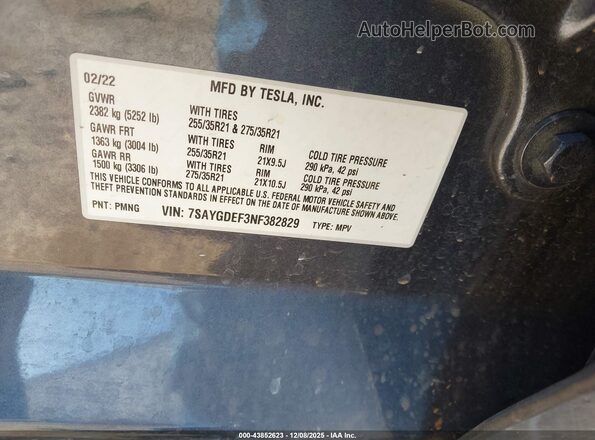 7SAYGDEF3NF382829 2022 TESLA MODEL Y Gray ძრავის განყოფილების ხედი