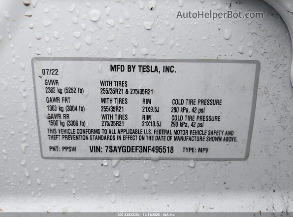 7SAYGDEF3NF495518 2022 TESLA MODEL Y White Widok komory silnika