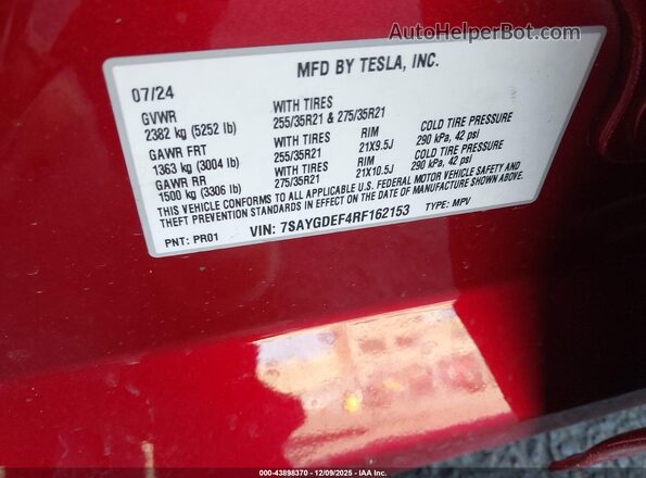 7SAYGDEF4RF162153 2024 TESLA MODEL Y Red Շարժիչի բաժամունքի տեսք