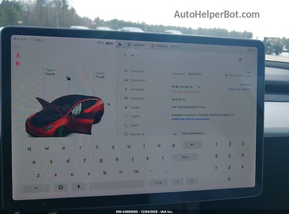 7SAYGDEF5NF377146 2022 TESLA MODEL Y Red Вид задніх сидінь