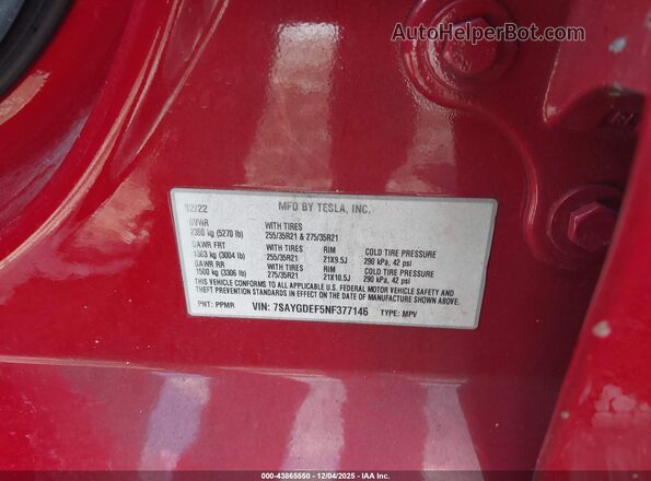 7SAYGDEF5NF377146 2022 TESLA MODEL Y Red Вид підкапотного простору