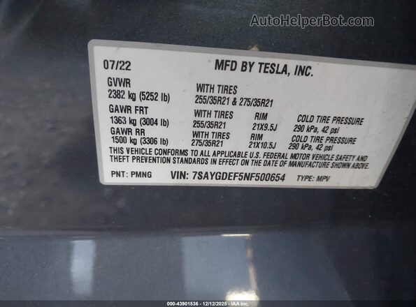 7SAYGDEF5NF500654 2022 TESLA MODEL Y Gray Widok komory silnika