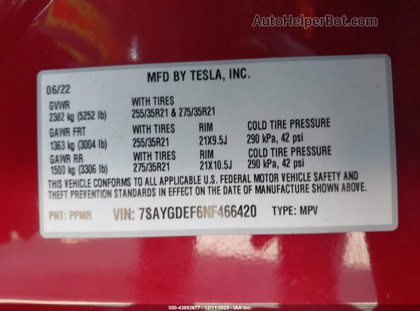 7SAYGDEF6NF466420 2022 TESLA MODEL Y Red Vista del compartimento del motor