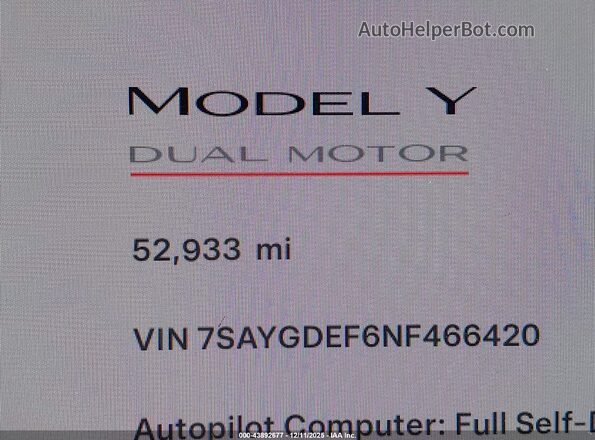 7SAYGDEF6NF466420 2022 TESLA MODEL Y Red 