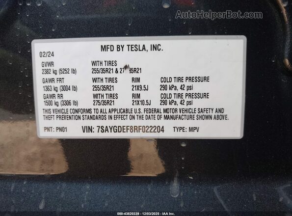 7SAYGDEF8RF022204 2024 TESLA MODEL Y Gray Вид підкапотного простору