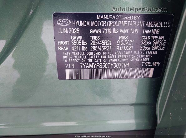 7YAMYFS50TY007194 2026 HYUNDAI IONIQ 9 Green Շարժիչի բաժամունքի տեսք
