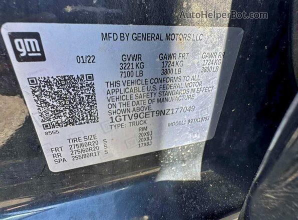 1GTV9CET9NZ177049 2022 GMC SIERRA Черный Вид задней части салона