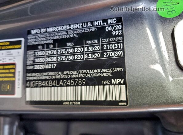 4JGFB4KB4LA245789 2020 MERCEDES-BENZ GLE-CLASS Gray Սալոնի 360 աստիճան տեսք