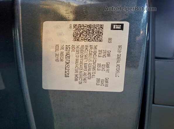 1G1YA2D73K5121218 2019 CHEVROLET CORVETTE Gray Widok naklejki z numerem VIN