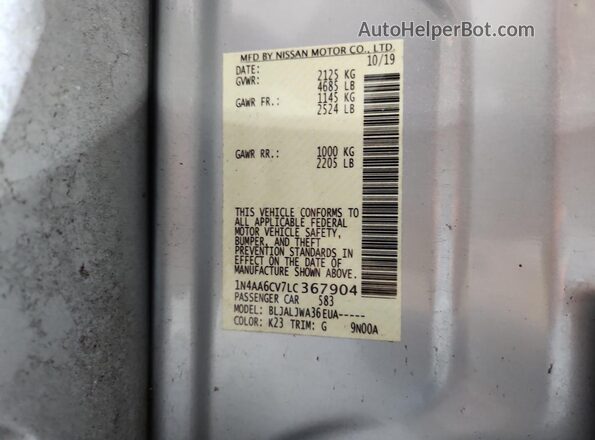 1N4AA6CV7LC367904 2020 NISSAN MAXIMA Silver Widok naklejki z numerem VIN