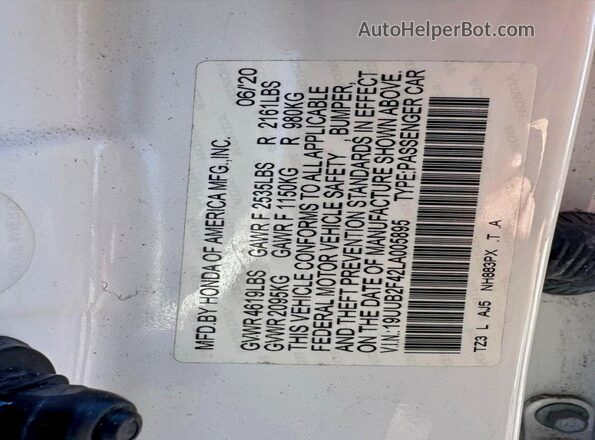 19UUB2F42LA005895 2020 ACURA TLX White Vista interior trasera