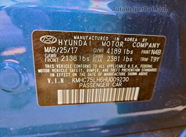 KMHC75LH6HU009230 2017 HYUNDAI IONIQ Blue 