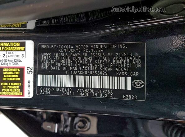 4T1DAACK0SU555829 2025 TOYOTA CAMRY Black VIN կոդի պիտակի տեսք