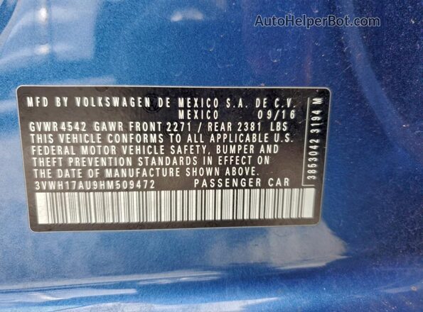 3VWH17AU9HM509472 2017 VOLKSWAGEN GOLF Синий Вид наклейки с VIN-кодом