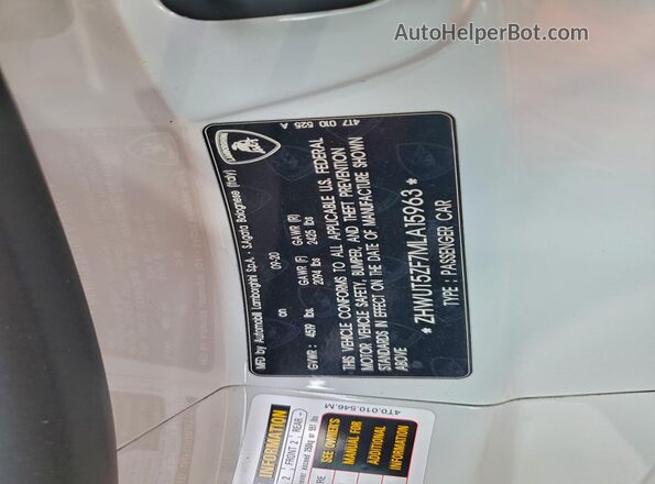 ZHWUT5ZF7MLA15963 2021 LAMBORGHINI HURACAN Белый Панорамный вид салона 360°